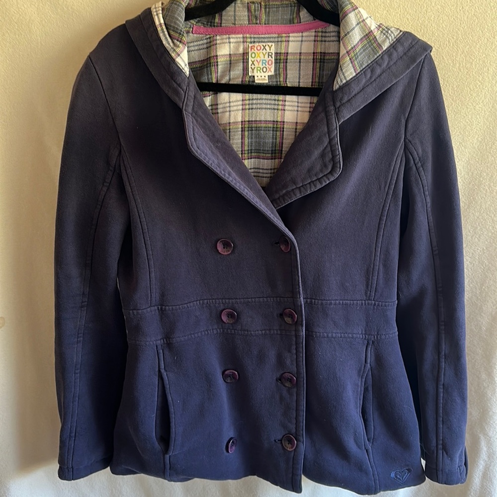 Roxy Pea Coat Hooded Blue Button Up with Blue, Pink, Yellow Plaid Inside. Size M